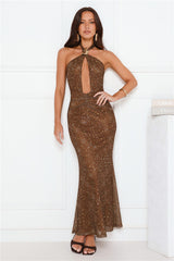 Petals At Dusk Halter Mesh Maxi Dress Brown
