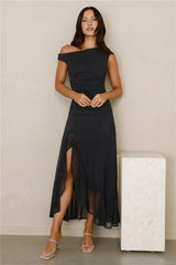 Effortless Girl Off Shoulder Mesh Midi Dress Black
