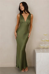 The Isabeau Satin Maxi Dress Olive