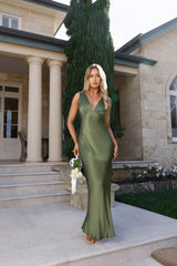 The Isabeau Satin Maxi Dress Olive
