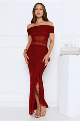 Ever Radiance Off Shoulder Mesh Maxi Dress Burgundy