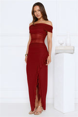 Ever Radiance Off Shoulder Mesh Maxi Dress Burgundy