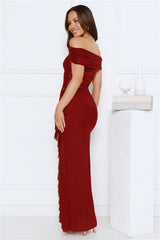 Ever Radiance Off Shoulder Mesh Maxi Dress Burgundy