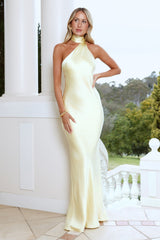 Cinnamon Glaze Halter Satin Maxi Dress Yellow