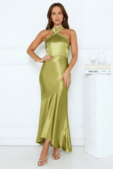 Moonlit Petal Kiss Satin Halter Maxi Dress Olive