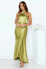 Moonlit Petal Kiss Satin Halter Maxi Dress Olive