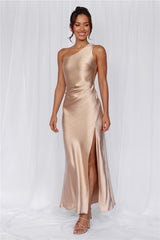 The Aurora One Shoulder Satin Maxi Dress Champagne