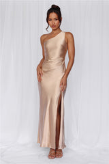 The Aurora One Shoulder Satin Maxi Dress Champagne
