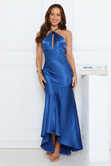 Silken Affair Halter Satin Maxi Dress Blue