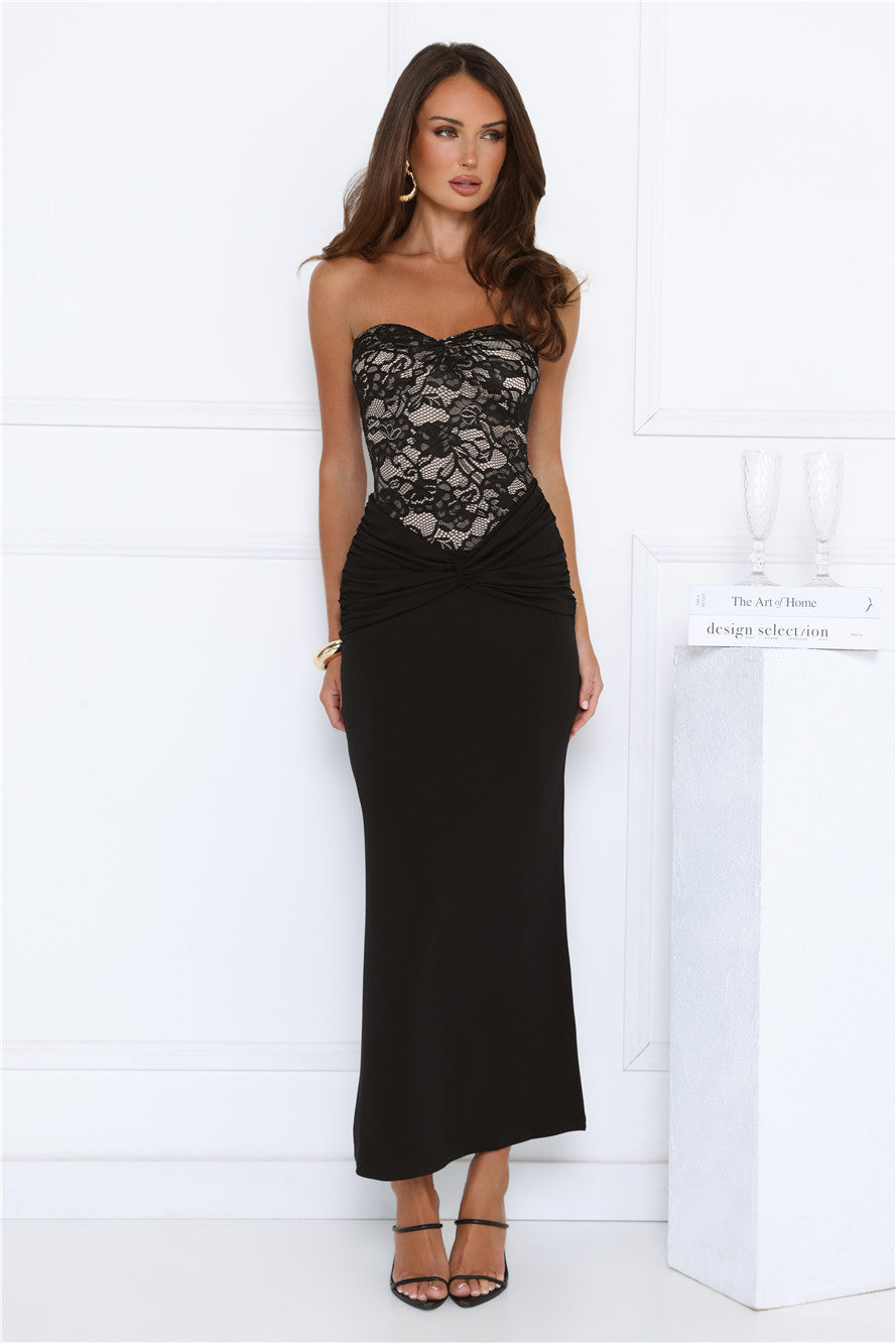 Signature Sleek Lace Strapless Maxi Dress Black