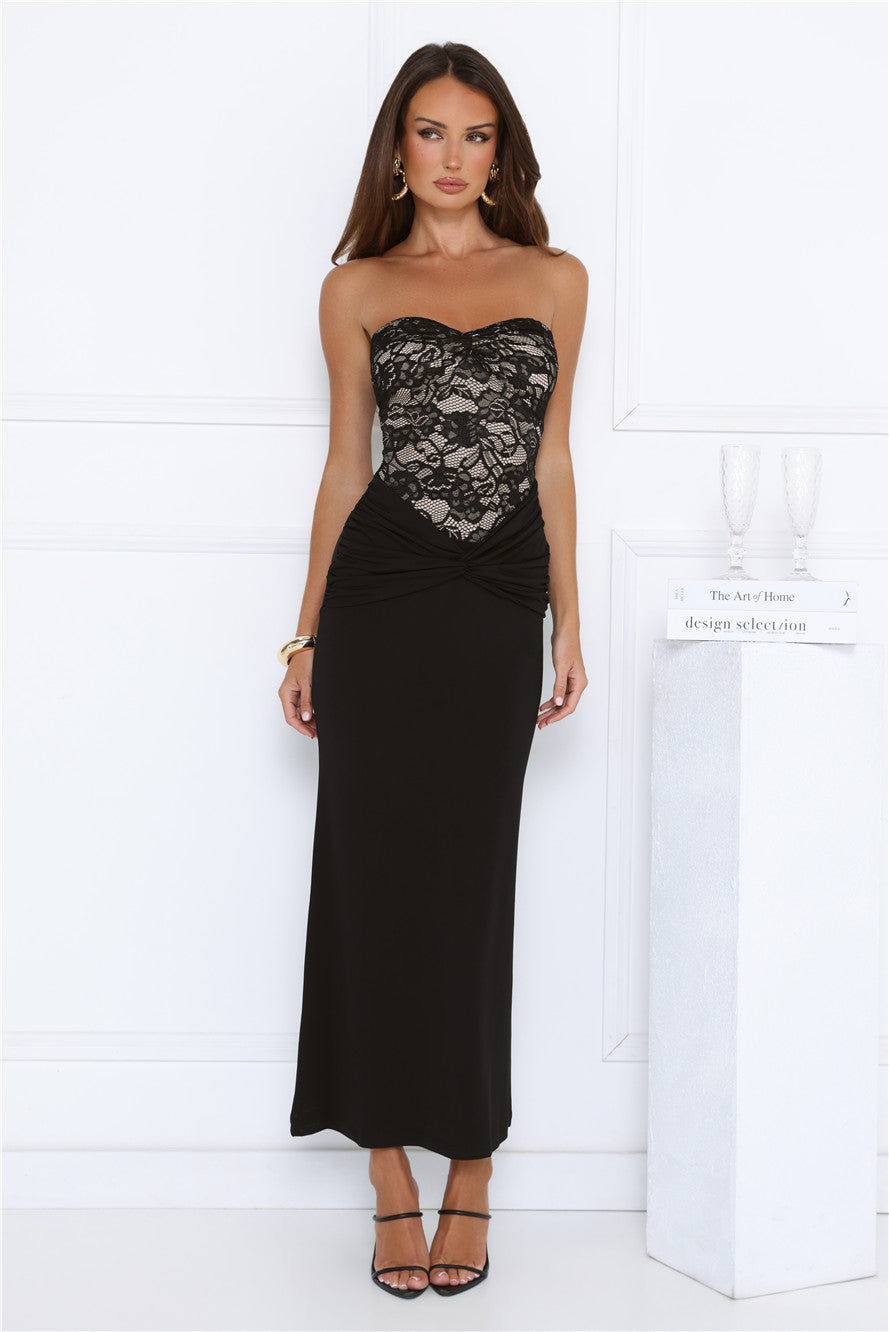 Signature Sleek Lace Strapless Maxi Dress Black