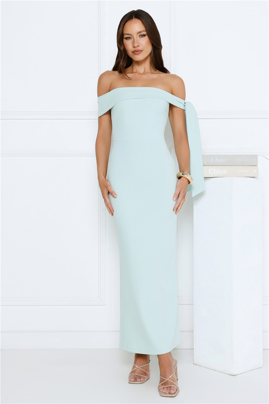 Luxe Fantasy Off Shoulder Maxi Dress Mint