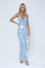 Oceanic Sequin Halter Maxi Dress Blue