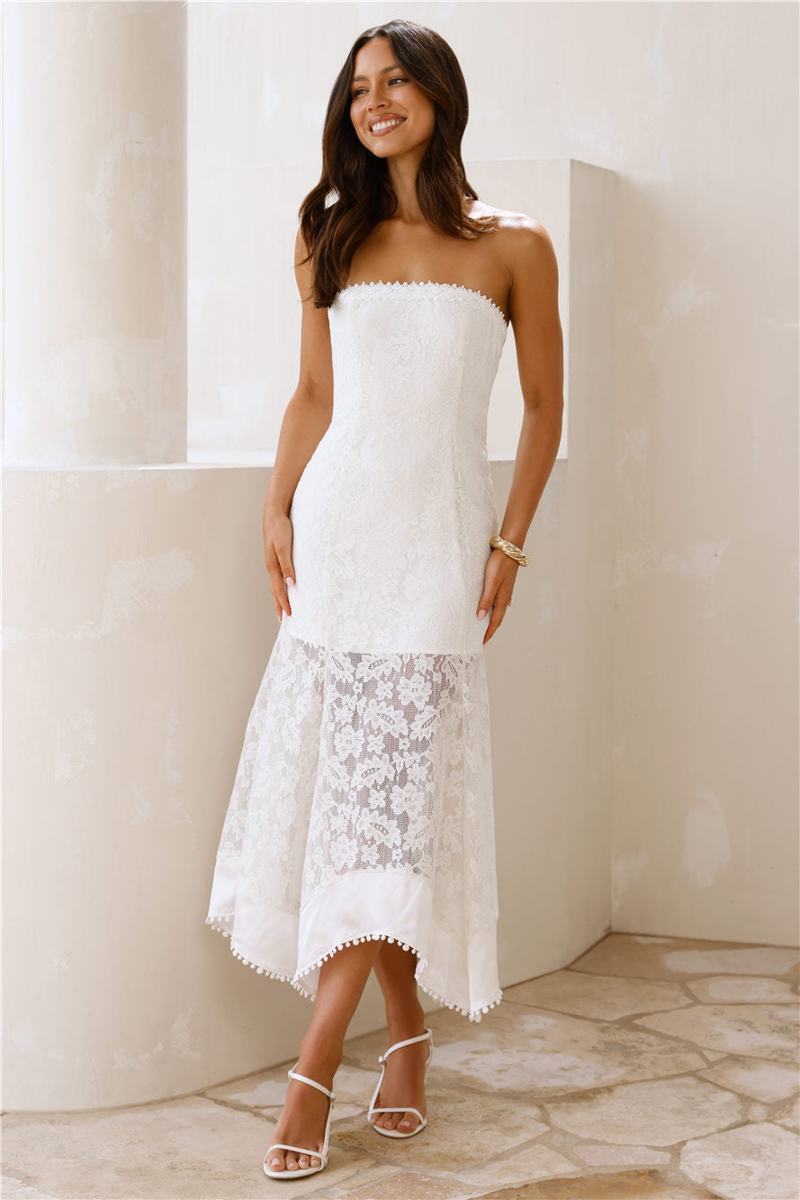 Luxe Petal Lace Strapless Maxi Dress White