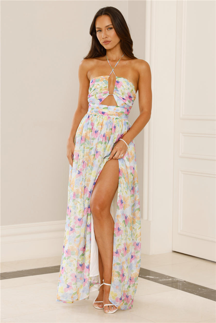 Hibiscus Hues Halter Maxi Dress Print