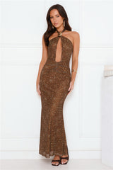 Petals At Dusk Halter Mesh Maxi Dress Brown