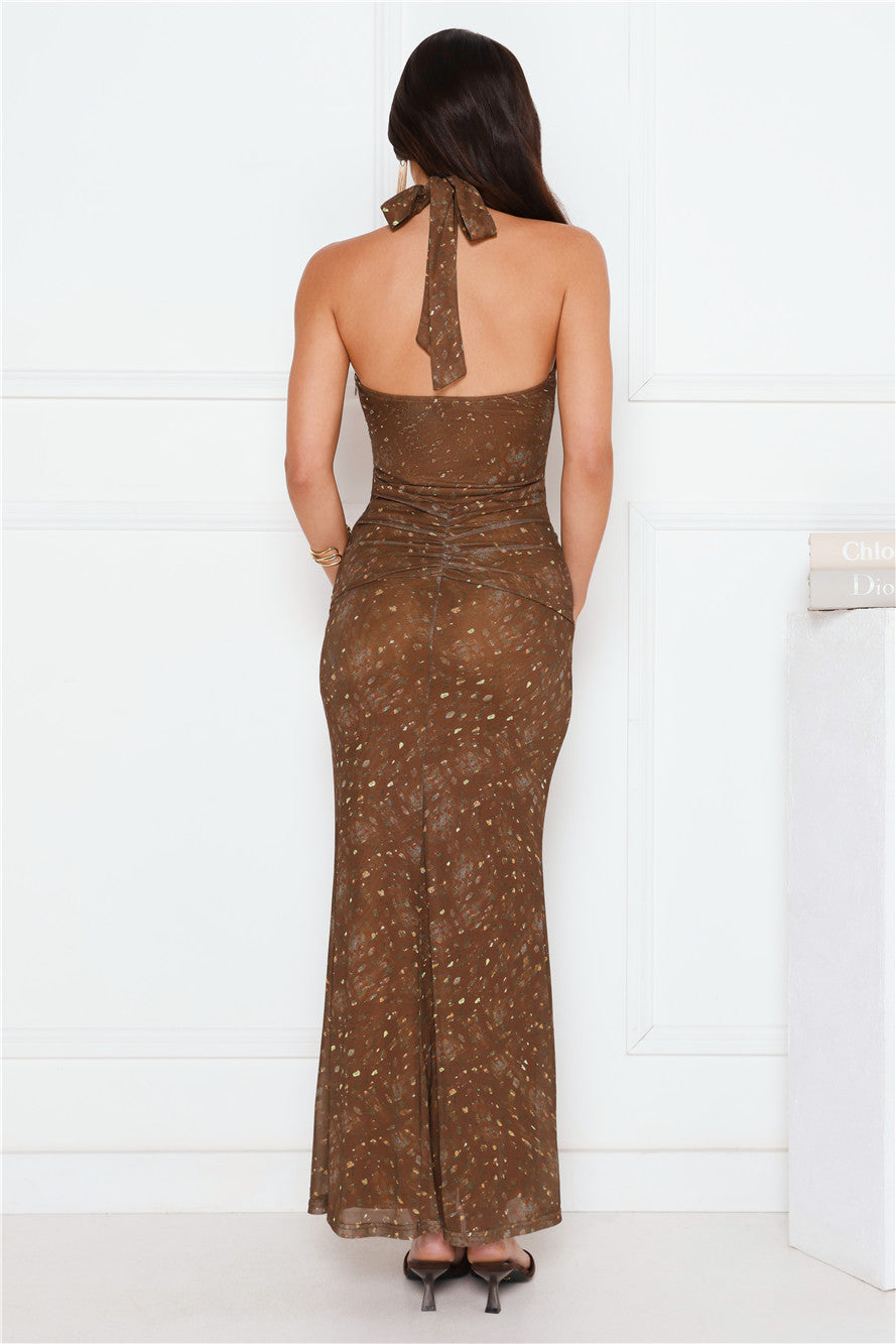 Petals At Dusk Halter Mesh Maxi Dress Brown