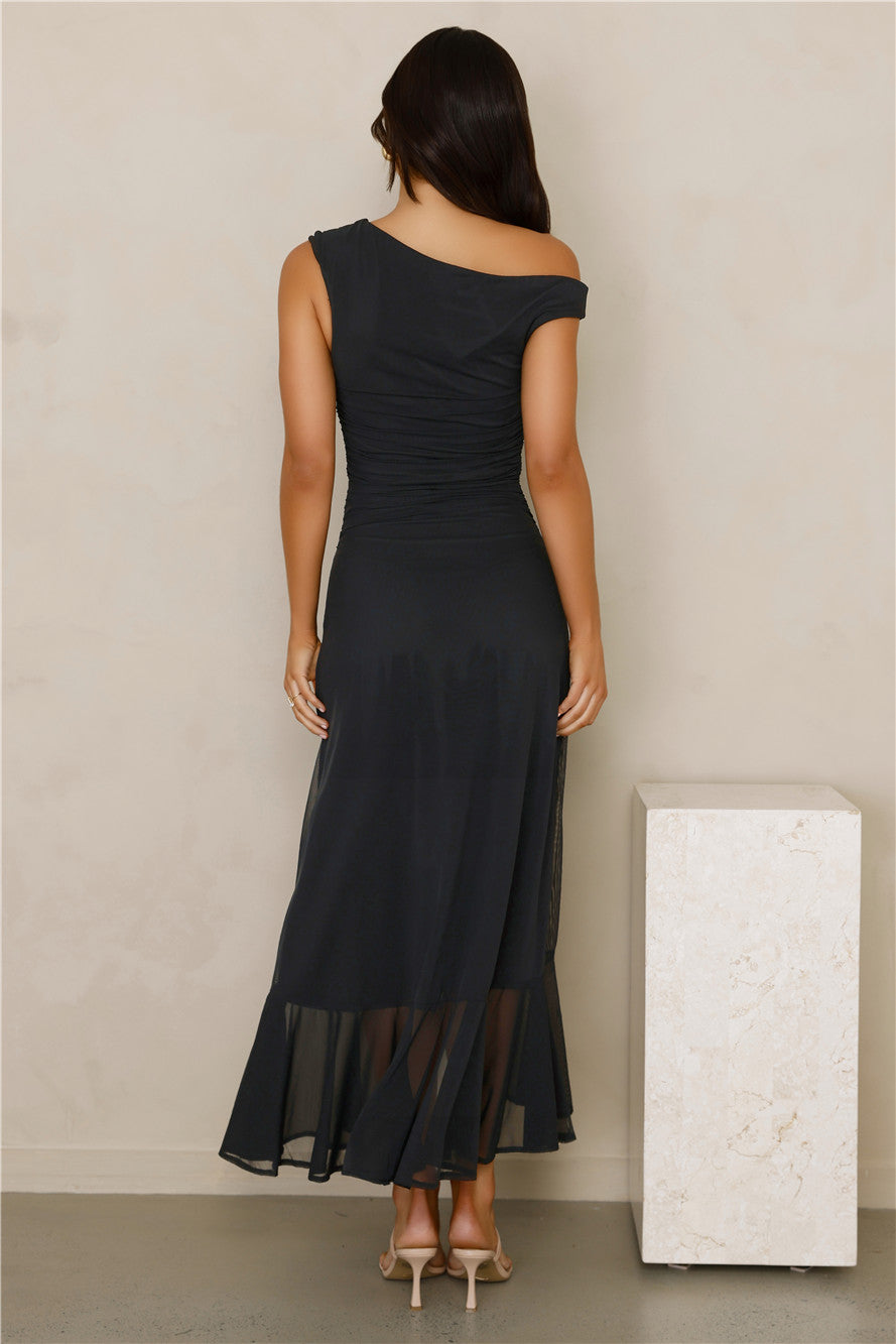 Effortless Girl Off Shoulder Mesh Midi Dress Black