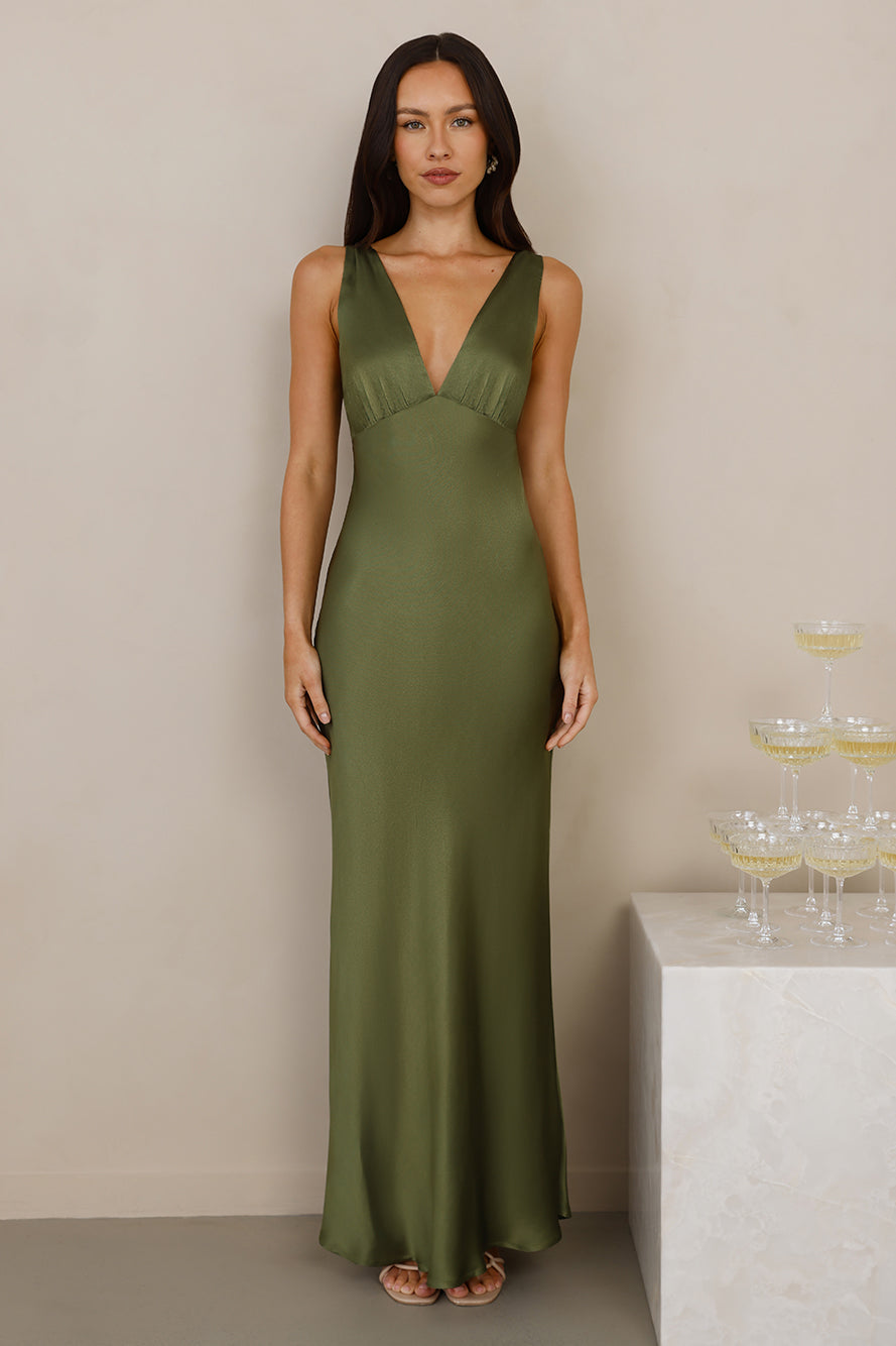 The Isabeau Satin Maxi Dress Olive