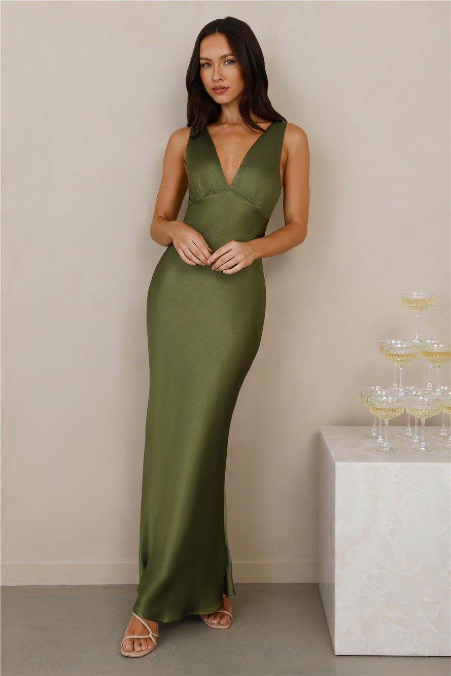 The Isabeau Satin Maxi Dress Olive