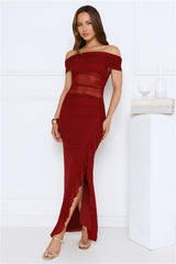 Ever Radiance Off Shoulder Mesh Maxi Dress Burgundy