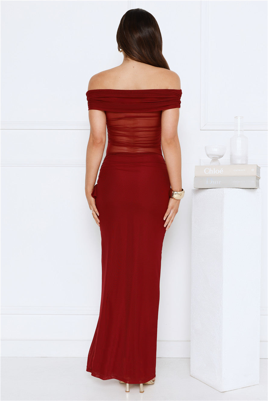 Ever Radiance Off Shoulder Mesh Maxi Dress Burgundy