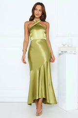 Moonlit Petal Kiss Satin Halter Maxi Dress Olive