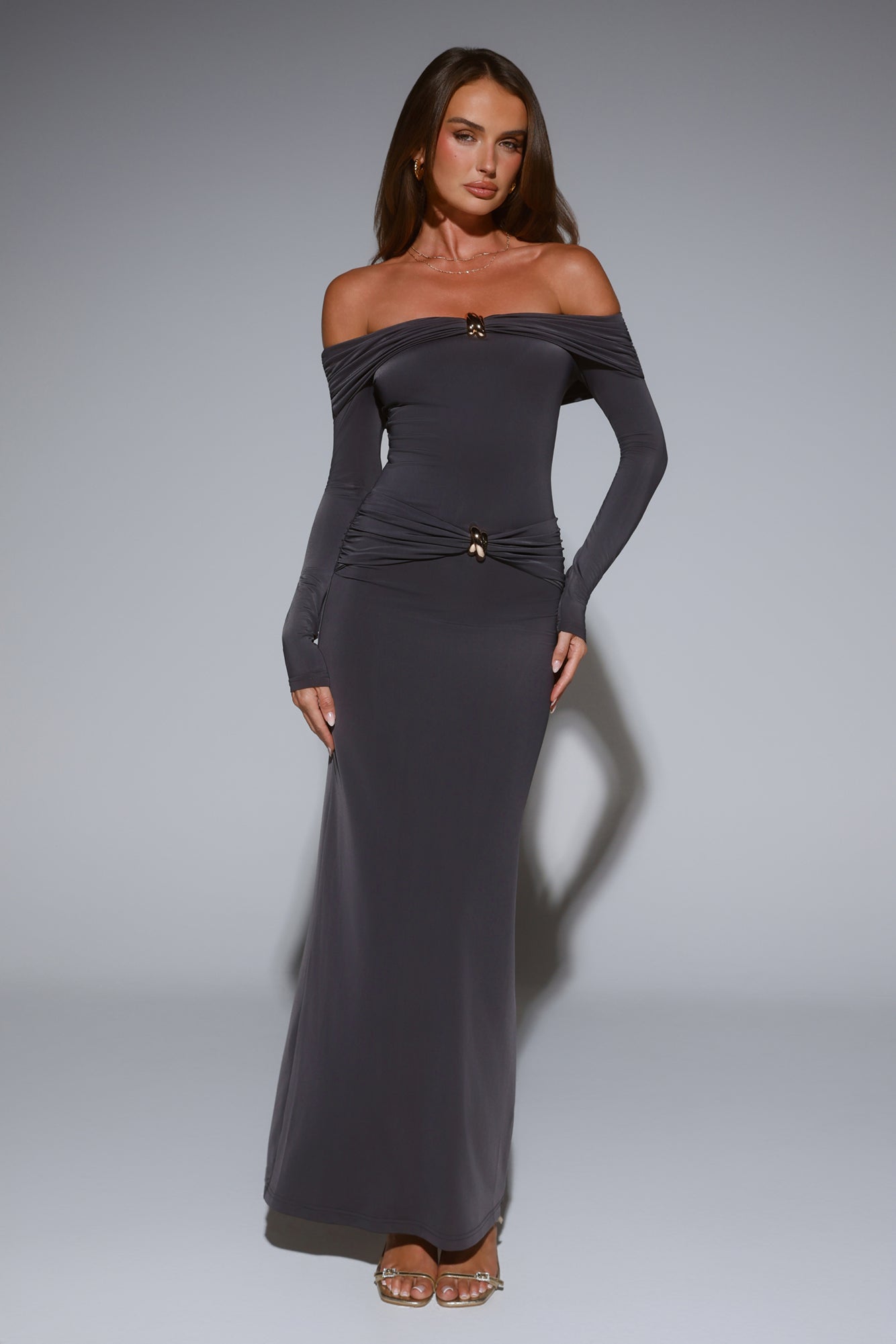 Starlit Society Off Shoulder Maxi Dress Charcoal