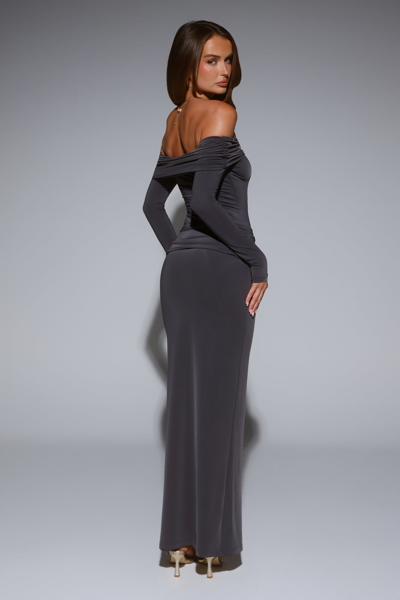 Starlit Society Off Shoulder Maxi Dress Charcoal