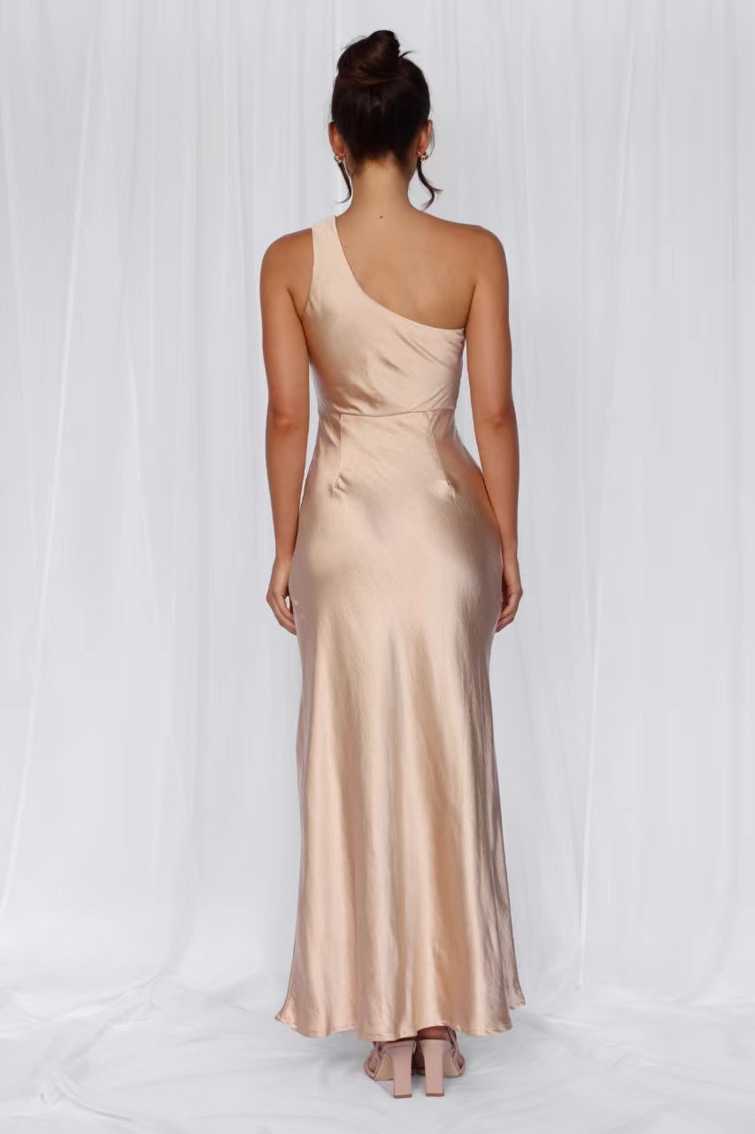 The Aurora One Shoulder Satin Maxi Dress Champagne