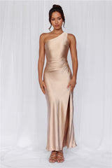 The Aurora One Shoulder Satin Maxi Dress Champagne