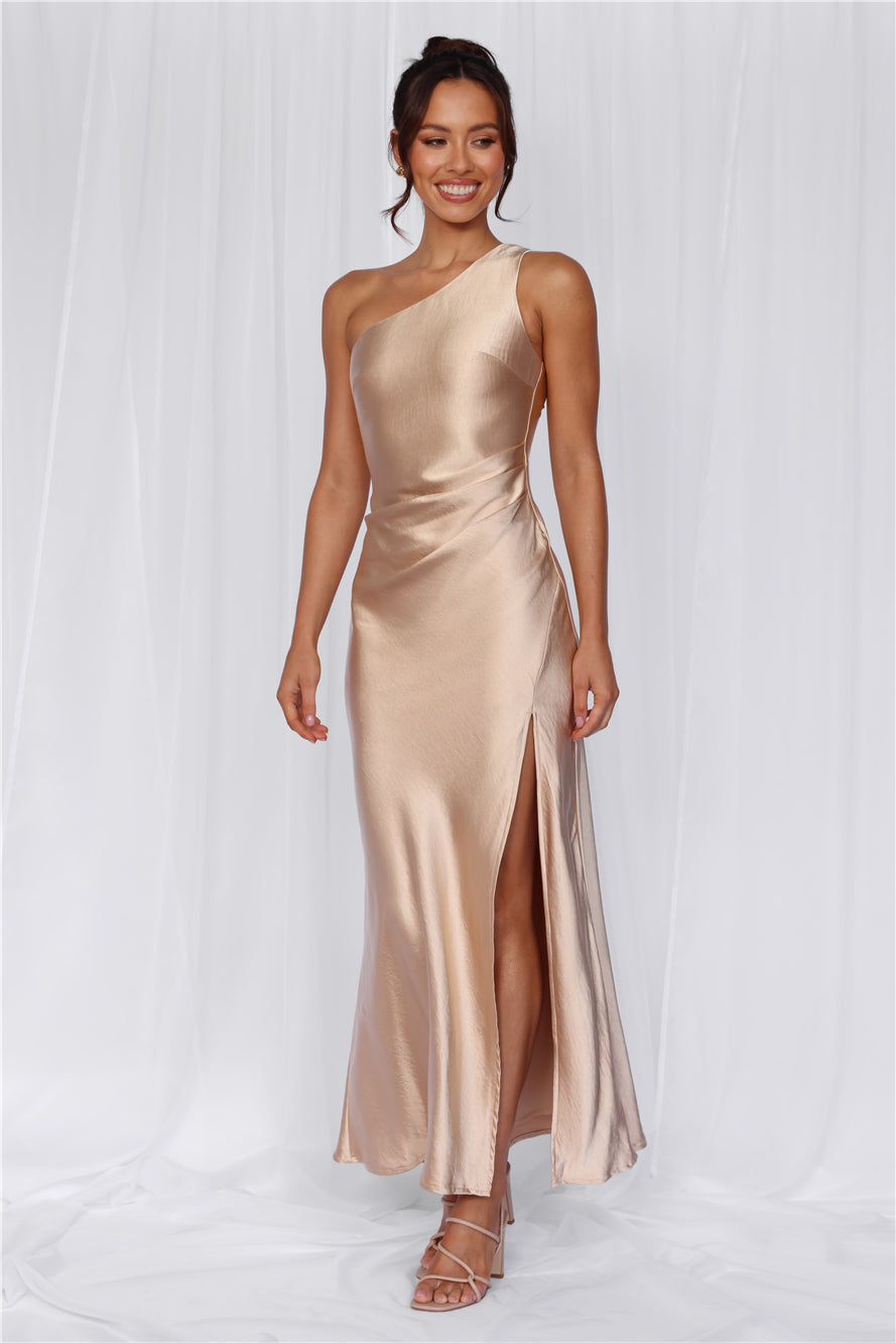 The Aurora One Shoulder Satin Maxi Dress Champagne