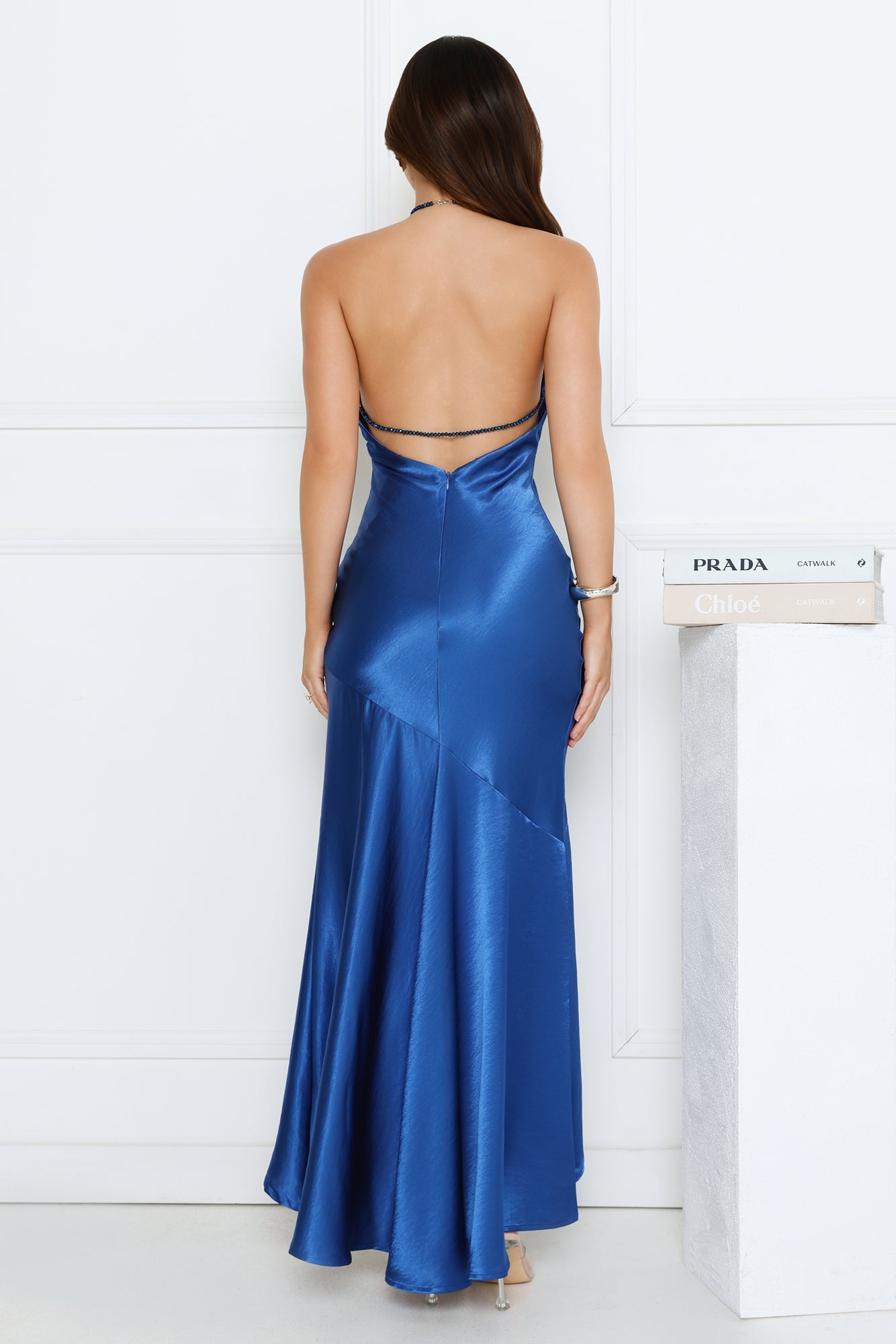Silken Affair Halter Satin Maxi Dress Blue